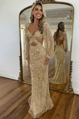 Sexy V-Neck Long Sleeves Long Mermaid Glitter Sequin Prom Dress