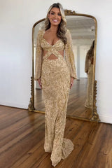 Sexy V-Neck Long Sleeves Long Mermaid Glitter Sequin Prom Dress