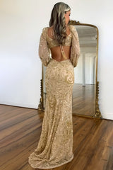 Sexy V-Neck Long Sleeves Long Mermaid Glitter Sequin Prom Dress