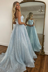 Gorgeous Light Blue Spaghetti Straps Long Glitter Prom Party Dress