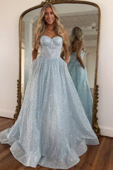 Gorgeous Light Blue Spaghetti Straps Long Glitter Prom Party Dress