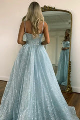 Gorgeous Light Blue Spaghetti Straps Long Glitter Prom Party Dress