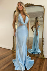 Sparkly Light Blue Mermaid Halter Neck Long Beaded Prom Dress with Appliques