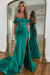 Chic Mermaid Off the Shoulder Lace Up Long Satin Prom Dress with Slit
