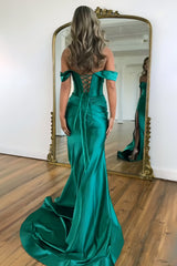 Chic Mermaid Off the Shoulder Lace Up Long Satin Prom Dress with Slit