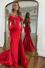 Chic Mermaid Off the Shoulder Lace Up Long Satin Prom Dress with Slit
