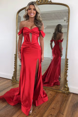 Chic Mermaid Off the Shoulder Lace Up Long Satin Prom Dress with Slit