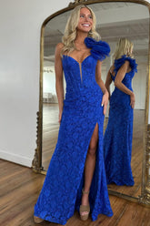 Gorgeous Glitter Mermaid Royal Blue One Shoulder Lace Prom Dress With Slit