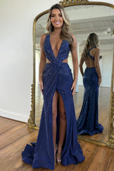 Gorgeous Navy Blue Mermaid Deep V-Neck Cross Back Long Beaded Prom Dress with Slit