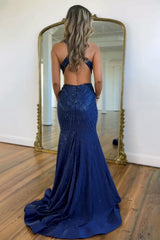Gorgeous Navy Blue Mermaid Deep V-Neck Cross Back Long Beaded Prom Dress with Slit