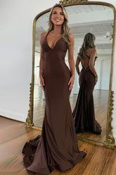 Simple Brown V-Neck Cross Back Long Mermaid Prom Dress