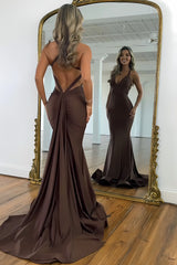 Simple Brown V-Neck Cross Back Long Mermaid Prom Dress