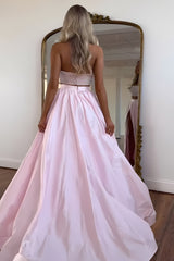 Cute Pink Strapless Beaded Top Long Satin Prom Dress with Slit