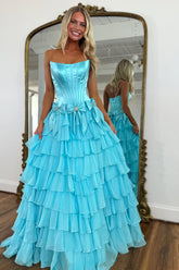 Princess A-Line Strapless Tiered Long Prom Dress with Slit and Bow