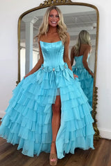 Princess A-Line Strapless Tiered Long Prom Dress with Slit and Bow
