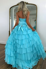 Princess A-Line Strapless Tiered Long Prom Dress with Slit and Bow