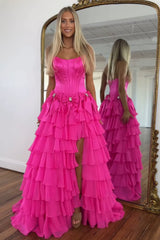 Princess A-Line Strapless Tiered Long Prom Dress with Slit and Bow