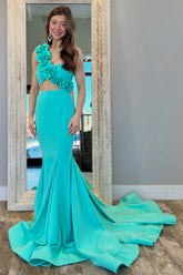Aqua Mermaid One Shoulder Cutout Waist Long Prom Dress with 3D Flowers
