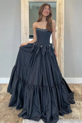 Black Princess A-Line Strapless Tiered Satin Long Prom Dress With Bowknots