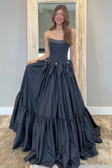 Black Princess A-Line Strapless Tiered Satin Long Prom Dress With Bowknots