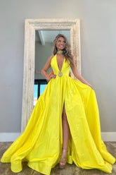Elegnt Yellow A-Line Deep V-Neck Long Satin Prom Dress with Beading
