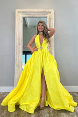 Elegnt Yellow A-Line Deep V-Neck Long Satin Prom Dress with Beading