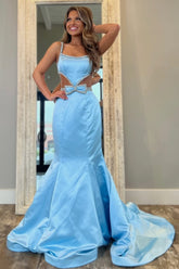 Cute Light Blue Mermaid Cutout Waist Long Prom Dress With Bowknot