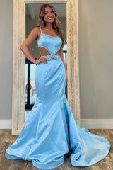 Cute Light Blue Mermaid Cutout Waist Long Prom Dress With Bowknot