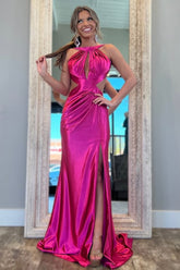 Stylish Mermaid Fuchsia Long Open Back Metallic Prom Dress with Slit