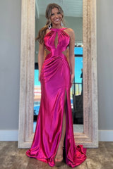 Stylish Mermaid Fuchsia Long Open Back Metallic Prom Dress with Slit