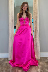 Hot Pink A-Line Sweetheart Long Satin Prom Dress with Bowknots