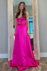 Hot Pink A-Line Sweetheart Long Satin Prom Dress with Bowknots