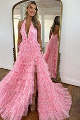 Romantic Pink Floral Print Layered A-Line Ruffle Prom Dress with Slit