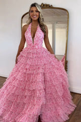 Romantic Pink Floral Print Layered A-Line Ruffle Prom Dress with Slit