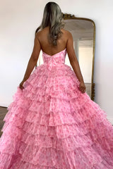 Romantic Pink Floral Print Layered A-Line Ruffle Prom Dress with Slit