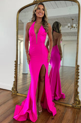 Hot Pink Mermaid Halter Neck Backless Satin Long Prom Dress with Slit