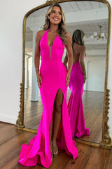 Hot Pink Mermaid Halter Neck Backless Satin Long Prom Dress with Slit
