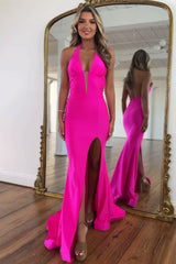 Hot Pink Mermaid Halter Neck Backless Satin Long Prom Dress with Slit