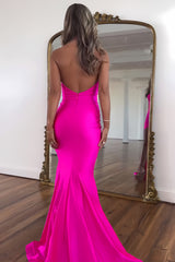 Hot Pink Mermaid Halter Neck Backless Satin Long Prom Dress with Slit