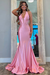 Pink Mermaid Deep V-Neck Backless Long Satin Prom Party Dress with Appliques