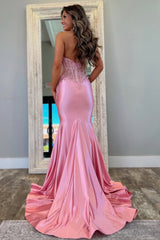 Pink Mermaid Deep V-Neck Backless Long Satin Prom Party Dress with Appliques