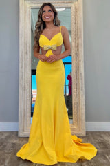 Sexy Yellow Mermaid Spaghetti Straps Backless Long Prom Dress with Bowknot