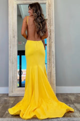 Sexy Yellow Mermaid Spaghetti Straps Backless Long Prom Dress with Bowknot