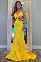 Sexy Yellow Mermaid Spaghetti Straps Backless Long Prom Dress with Bowknot