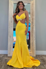 Sexy Yellow Mermaid Spaghetti Straps Backless Long Prom Dress with Bowknot