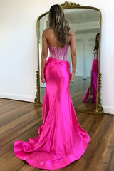 Stunning Hot Pink Mermaid Beaded Top Long Satin Prom Party Dress with Slit