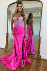 Stunning Hot Pink Mermaid Beaded Top Long Satin Prom Party Dress with Slit
