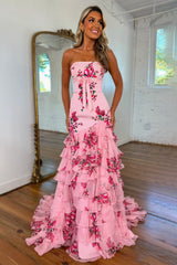 Pink Pretty Strapless Long Mermaid Prom Dress with Ruffle Print Chiffon Skirt