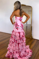 Pink Pretty Strapless Long Mermaid Prom Dress with Ruffle Print Chiffon Skirt