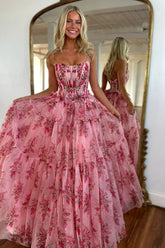 Pink Charming A-Line Strapless Long Print Tulle Prom Party Dress